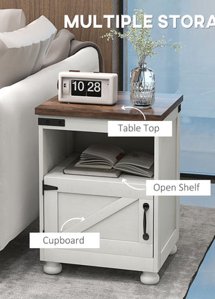 Side Table with Storage, End Table with Open Shelf, Cupboard and Wood Legs, Modern and Farmhouse Style, White