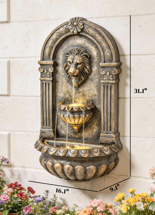 31" Wall-Mounted Outdoor Fountain, 3-Tier Cascading Waterfall Feature with LED Lights and Adjustable Flow, Bronze