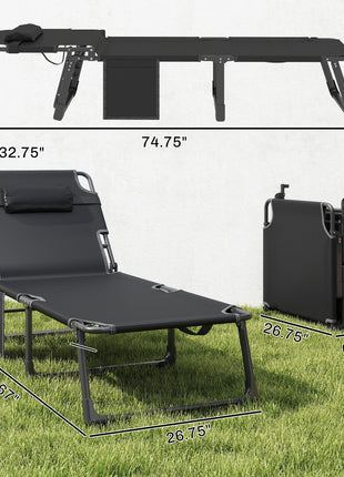 Folding Chaise Lounge Chair Outdoor Tanning Chair Set of 2 with 5-Position Backrest, Cushions, Side Pocket, Black
