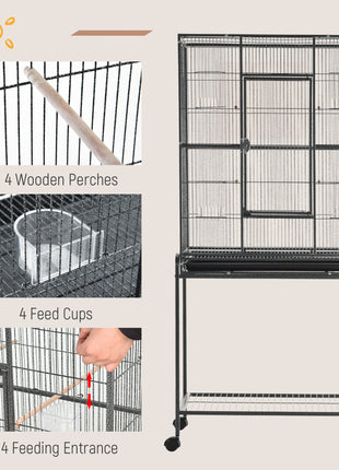 30" Rolling Metal Bird Cage Feeder with Detachable Rolling Stand, Storage Shelf, Wood Perch & Food Container