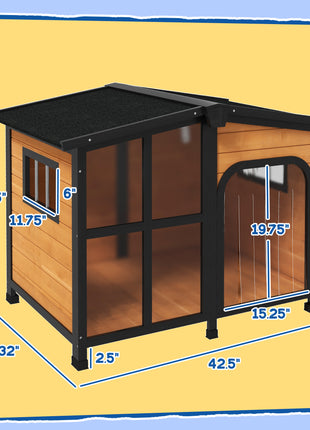 Cabin-Style Wooden Dog House for Large Dogs with Openable Roof & Giant Window, Yellow