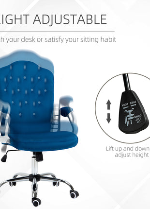 Velvet Office Chair Desk Chair with 360 Degree Swivel Wheels Adjustable Height Tilt Function Blue