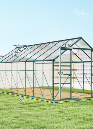 16' x 8' Aluminum Greenhouse Polycarbonate Walk-in Garden Greenhouse Kit with Adjustable Roof Vent, Rain Gutter and Sliding Door for Winter, Clear