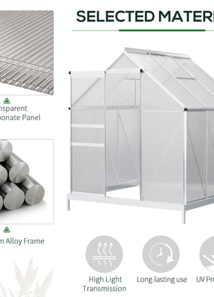 6' x 6' x 6.5' Polycarbonate Greenhouse with Aluminum Frame, Walk-in Heavy Duty Green House with Adjustable Roof Vent, Rain Gutter and Sliding Door for Winter, Silver