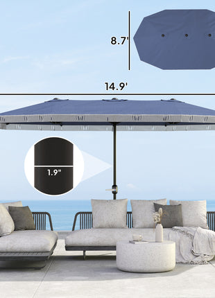 15ft Rectangle Patio Umbrella UPF30+ Extra Large Outdoor Umbrella with Fringe and Crank Handle, Dark Blue