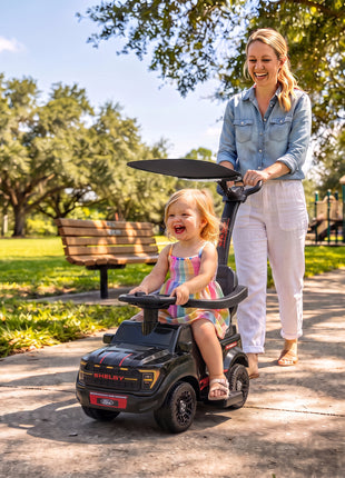 3-in-1 Push Car for 1-3, Licensed FORD Shelby Sliding Walking Car with Parent Handle, Canopy, Guardrail, Storage, Black