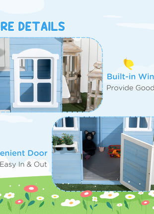 Wooden Playhouse for Kids Outdoor with Flower Pot Holders, Door, Windows, Service Stations for 3-7 Years, Blue