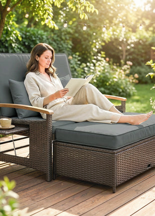 Rattan Outdoor Daybed w/4-Level Adjustable Backrest, Patio Sofa Bed w/Storage Ottoman, Acacia Wood Armrest, Mixed Gray