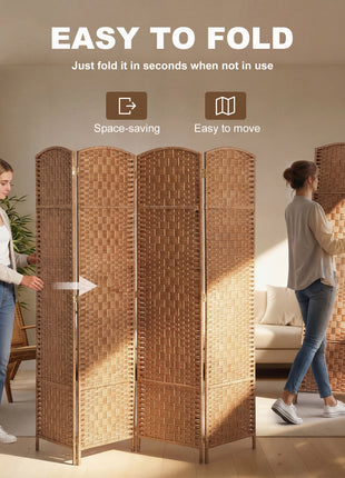 Room Divider 4 Panel, 6FT Tall Folding Privacy Screen, Freestanding Hand-Woven Partition for Room Separation with 360° Hinges, Paper Rope Diamond Weave, Natural
