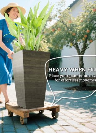Set of 3 Tall Planters, 28" Outdoor Planter w/ Drainage Holes, Faux Wood Plastic Flower Pots, Dark Brown
