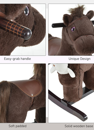 Kids Rocking Horse with Bear Toy, Plush Animal Rocker with Fun Realistic Sounds for Toddler 18-36 Months, Brown