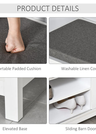 Entryway Shoe Bench Storage Ottoman with Sliding Doors, Adjustable Shelving, 6 Compartments, and Padded Seat, Holds 10 Pairs, White