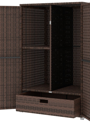 Outdoor Storage Cabinet with Shelves, Rattan Pool Towel Storage Cabinet with Removable Shelf & Drawer, Mixed Brown