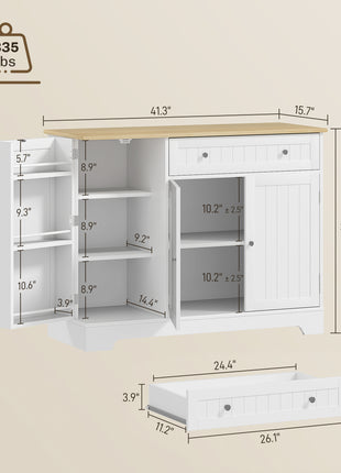 Modern Sideboard Cabinet, 41" Kitchen Buffet Cabinet with Drawer, Adjustable Shelf, 3 Doors for Dining Room, White