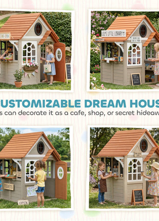 Outdoor Playhouse, Wooden Kids Playhouse with Dog Door, Cookware, Blackboard, Clock, Tic-Tac-Toe Roller for Backyard