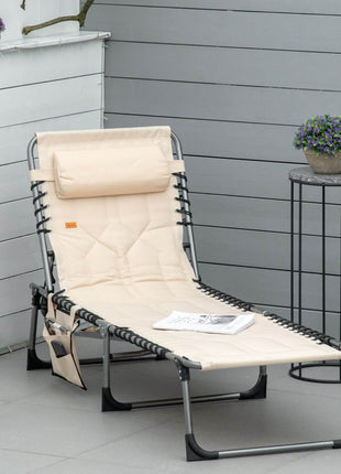 Padded Folding Chaise Lounge Chair, Outdoor 6-Level Reclining Camping Tanning Chair with Headrest for Beach, Yard, Patio, Pool, Beige
