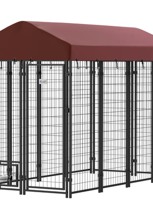 Outdoor Dog Kennel with Rotating Bowl Holders, Walk-in Pet Playpen with Waterproof Cover, 8' x 4' x 6', Red