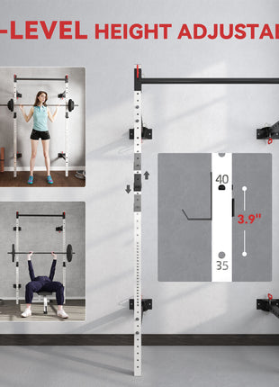Folding Squat Rack with Pull Up Bar, Wall Mounted and Adjustable, 1000 Pounds Capacity Power Rack, White