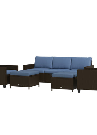 5-Piece Patio Furniture Set with PE Rattan Three-Seater Sofa, Armchairs, Footstools, Cushions, Deep Coffee