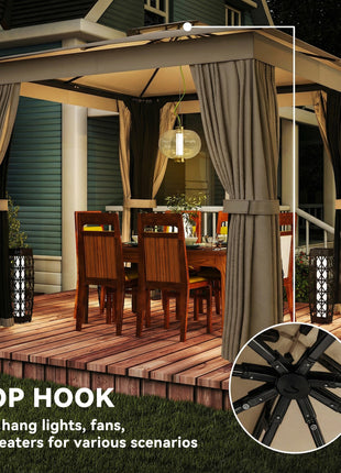 10' x 10' Outdoor Patio Gazebo, Soft Top Gazebo Canopy Shelter with Curtains, Netting, Steel Frame, Hook, Khaki