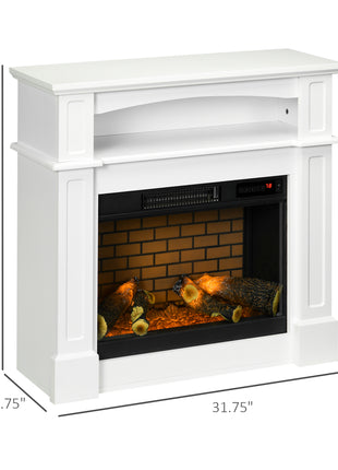 32" Electric Fireplace with Mantel, Freestanding Heater with LED Log Flame, Shelf and Remote Control, 1400W, White