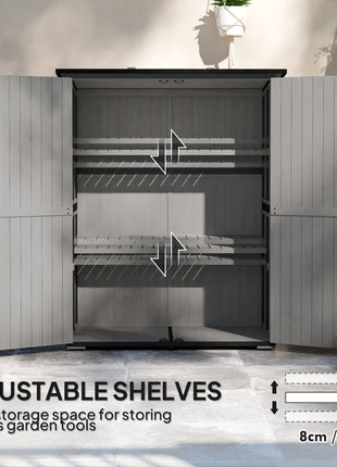 Wood Storage Shed, Outdoor Garden Shed with Asphalt Roof, 2 Shelves, Lockable Doors and Adjustable Feet, Gray