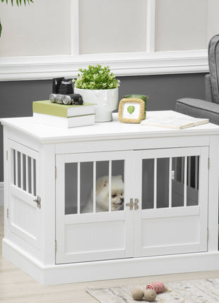 Wooden Dog Crate End Table, Dog Crate Furniture with Triple Doors, Puppy Crate for Small Dogs Indoor Use, White