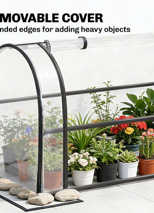 Raised Garden Bed with Flip-Up Greenhouse Cover, Metal Elevated Garden Bed with Legs and Drainage Hole, Black