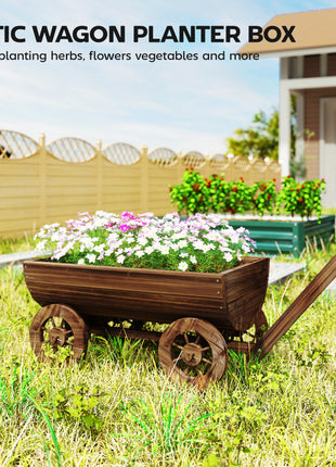 Wooden Wagon Planter Box, Mobile Garden Planter with 4 Wheels, Small Wheelbarrow Wagon Flower Cart with Drainage Hole