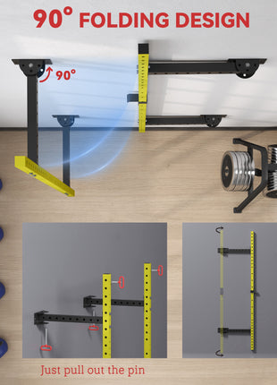 Folding Squat Rack with Pull Up Bar, Wall Mounted and Adjustable, 1000 Pounds Capacity Power Rack, Yellow
