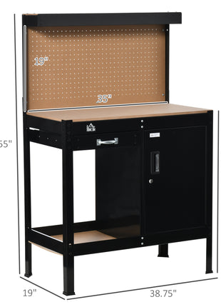 Multipurpose Workbench, Workshop Tool Table with Slide Drawer. Peg Board, Storage Cabinet with Keys