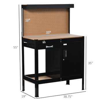 Multipurpose Workbench, Workshop Tool Table with Slide Drawer, Peg Board, Storage Cabinet with Keys