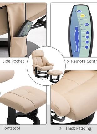10-Point Massage Recliner Chair, Vibration Massage Sofa with Ottoman Footrest, Faux Leather and Swivel Wood Base for Living Room & Bedroom, Beige