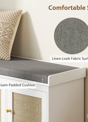Shoe Storage Bench with Woven Rattan Doors, Shoe Bench with Cushion, Adjustable Shelves, Entryway Bench, White