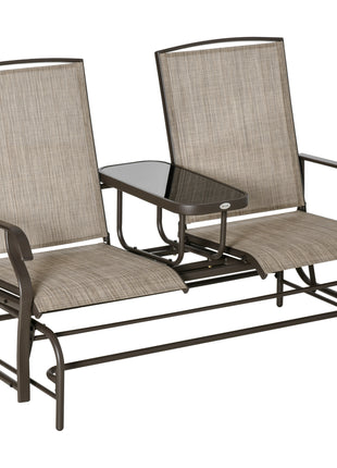 Outdoor Glider Bench with Center Table, Metal Frame Patio Loveseat with Breathable Mesh Fabric and Armrests for Backyard Garden Porch, Brown