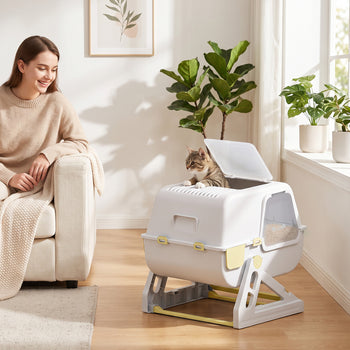 Cat Litter Box with Lid, Enclosed Cat Litter Box with Deodorization Bag & Drawer Pan, High Sides & Flip-to-Clean