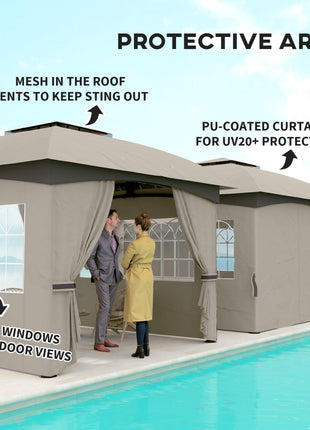 11' x 11' Outdoor Gazebo, Double Roof Patio Gazebo with Curtains, Church Windows, Galvanized Steel Frame, Light Gray