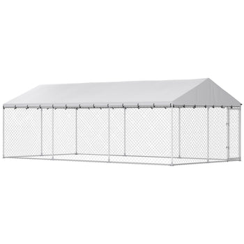 Heavy Duty Outdoor Dog Kennel with Waterproof Roof, 2 Secure Latches, Chain Link Dog Run for Backyard, 20' x 10' x 7'
