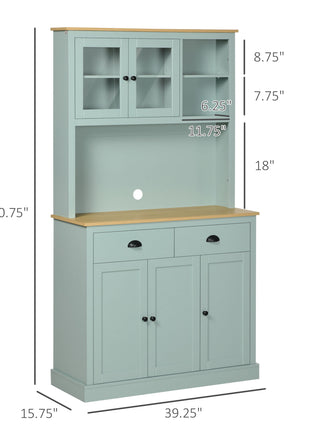 Kitchen Pantry Storage Cabinet with Microwave Stand, 71" Modern Kitchen Hutch with Open Countertop, Glass Doors, Storage Drawers and Adjustable Shelves for Dining Room, Coffee Bar, Light Green