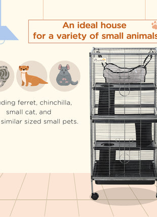 Metal Small Animal Cage Rolling Big Ferret Cage, Chinchilla Cage, Sugar Glider Cage, with Hammock & 4 Tiers, Removable Tray, Gray