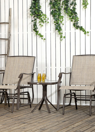 3 Piece Outdoor Glider Chair with Coffee Table Bistro Set, 2 Patio Rocking Swing Chairs with Breathable Sling Fabric, Glass Tabletop, for Backyard, Garden and Porch, Mixed Brown