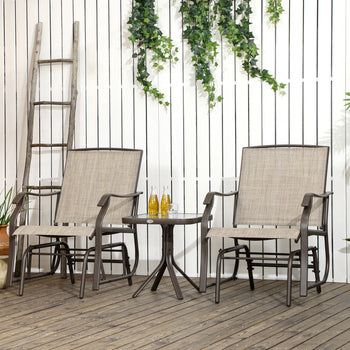 3 Piece Outdoor Glider Chair with Coffee Table Bistro Set, 2 Patio Rocking Swing Chairs with Breathable Sling Fabric, Glass Tabletop, for Backyard, Garden and Porch, Mixed Brown