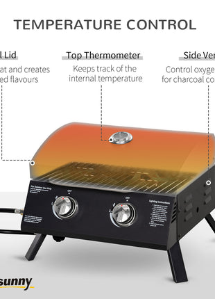 21.75" Charcoal BBQ, Portable Grill with 2 Burners, Heat-Resistant Handle, Folding Legs, Removable Ashtray, Thermometer, Carbon Steel, for Outdoor Cooking, Camping, Black