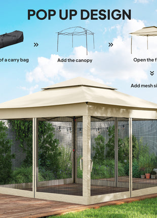 Outdoor Patio Pop Up Canopy Gazebo Shelter with Zipper Netting, Carry Bag, 11' x 11', Beige