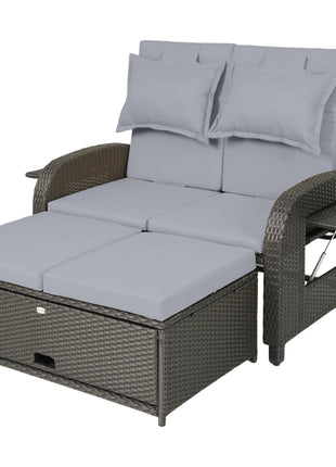 Patio Rattan Daybed, Wicker Outdoor Daybed with Storage Ottoman, Loveseat w/ Adjustable Backrest, Gray