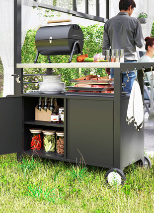 Outdoor Grill Cart Table with Stainless Steel Top, Movable Pizza Oven Table with Foldable Side Table, Wheels