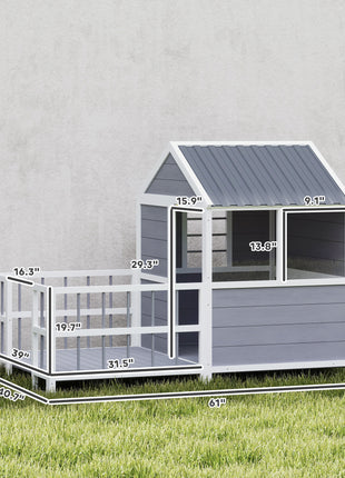 Outdoor Dog House, 61"L Wooden Dog House with Porch, Weatherproof Roof, Elevated Base, Air Vents & Observation Windows