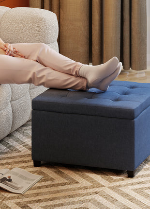 Round Storage Ottoman Bench, Button Tufted Ottoman with Flip Top for Living Room, Entryway and Bedroom, Blue