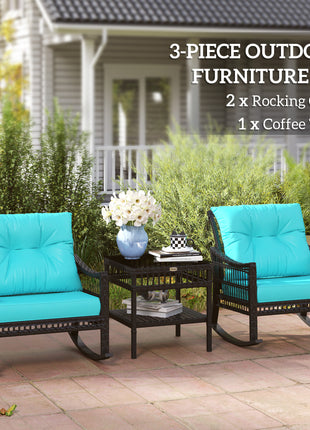 3 Piece Outdoor PE Rattan Rocker Chair Set, Rocking Chair with Tempered Glass Table Top, Turquoise Green