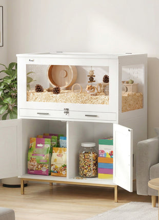 Hamster Cage with Storage Cabinet, Small Animal Cage with Pull Out Drawer and Acrylic Panels, 30" x 19.5" x 36"